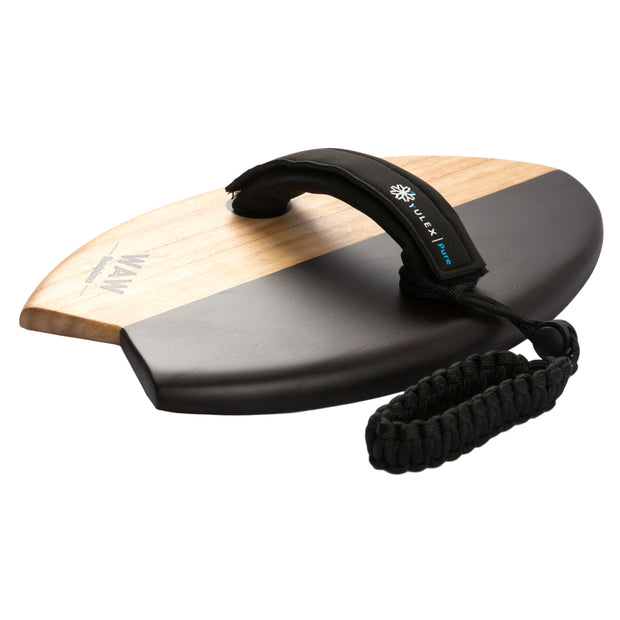 WAW Two Tone Timber Fish wooden bodysurfing handplane with leash top view